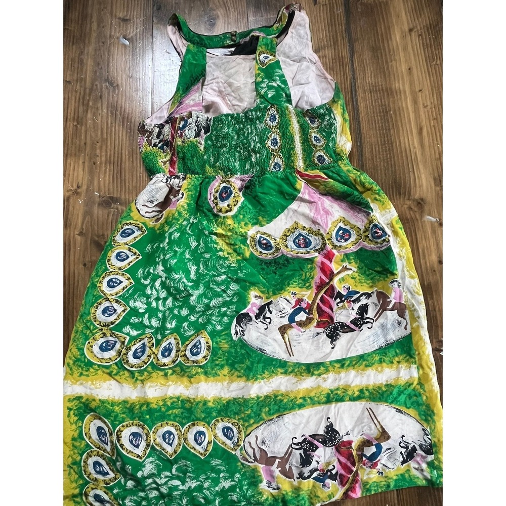 Moulinette Soeurs Carousel Peacock Print Ruffle Dress Green Yellow Pink Size 10 - Picture 8 of 9